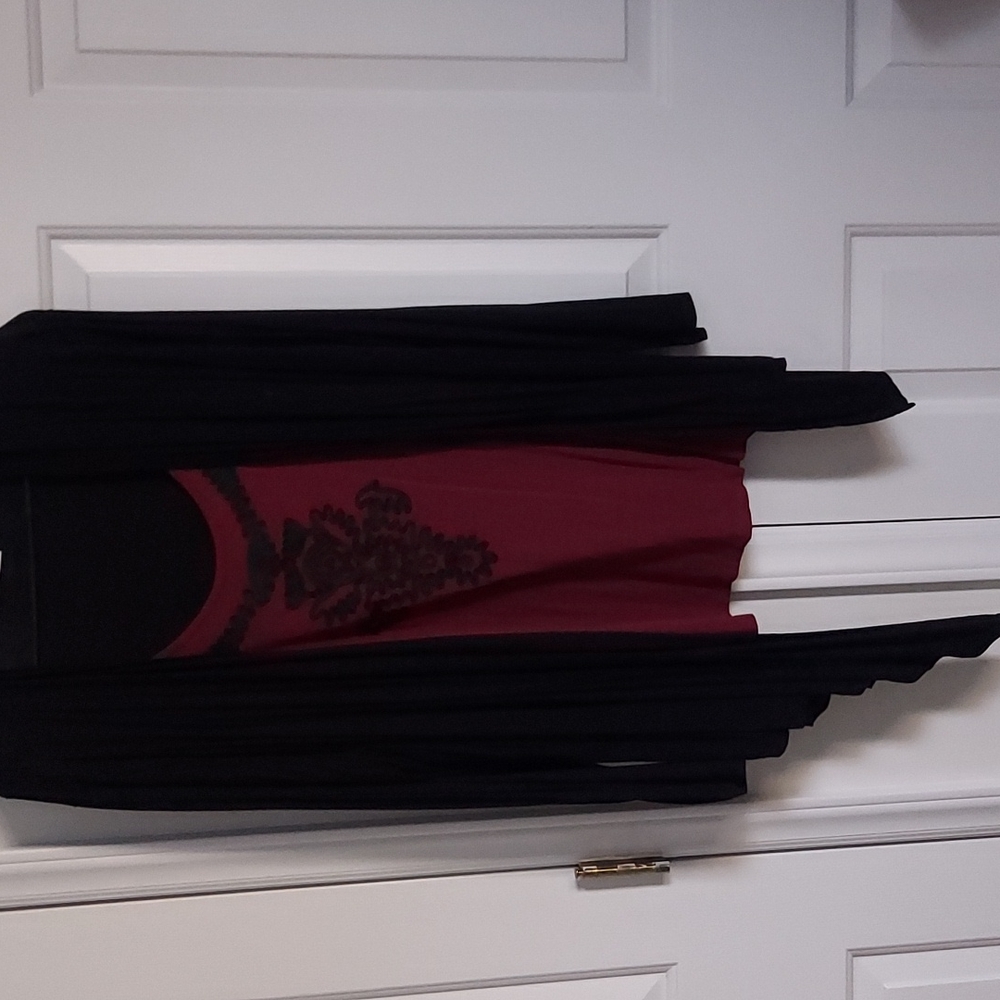 Long sleeved top with faux under shirt black and wine colored
